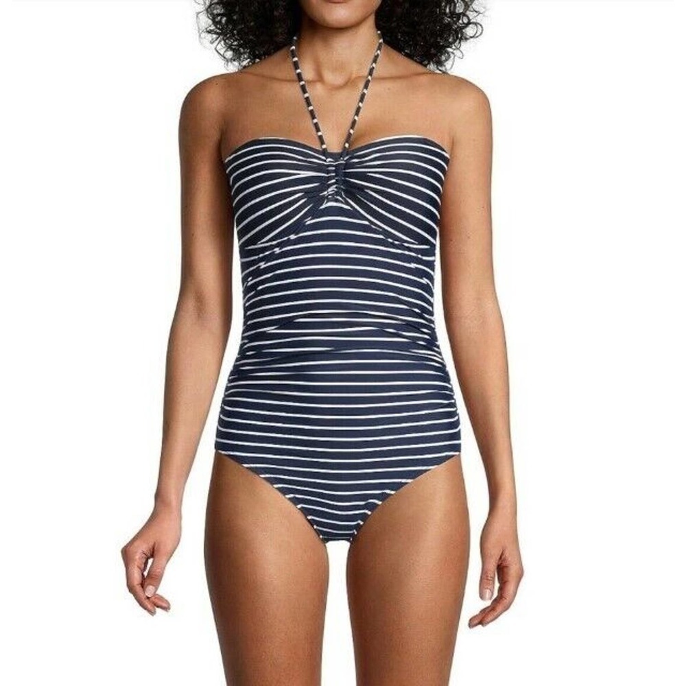 Tommy Hilfiger 10 One Piece Swimsuit Navy Striped Tie Bandeau Neck Swim NEW